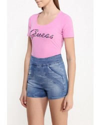 Женская ярко-розовая футболка с круглым вырезом с принтом от Guess Jeans