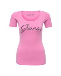 Женская ярко-розовая футболка с круглым вырезом с принтом от Guess Jeans
