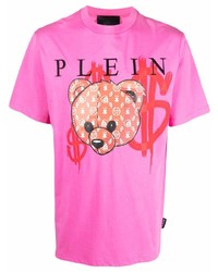 Мужская ярко-розовая футболка с круглым вырезом с принтом от Philipp Plein