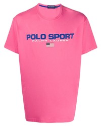 Мужская ярко-розовая футболка с круглым вырезом с принтом от Polo Ralph Lauren