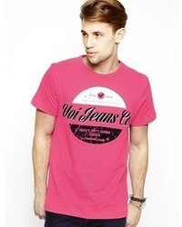 Мужская ярко-розовая футболка с круглым вырезом с принтом от Voi Jeans