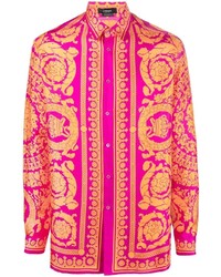 Мужская ярко-розовая шелковая рубашка с длинным рукавом с принтом от Versace