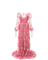 Ярко-розовое кружевное вечернее платье с цветочным принтом от Marchesa Notte