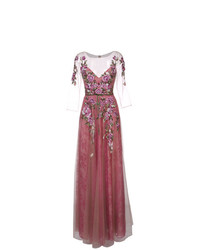 Ярко-розовое кружевное вечернее платье с цветочным принтом от Marchesa Notte