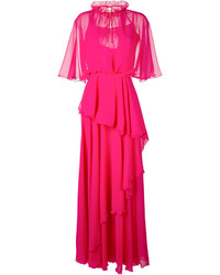 Ярко-розовое платье-макси с рюшами от Talbot Runhof