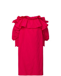 Ярко-розовое платье с открытыми плечами с рюшами от Jorge Vazquez
