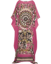 Ярко-розовое шелковое платье-макси с принтом от Roberto Cavalli
