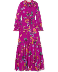 Ярко-розовое шелковое платье-макси с цветочным принтом