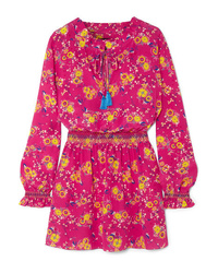 Ярко-розовое шелковое платье прямого кроя с цветочным принтом от Saloni