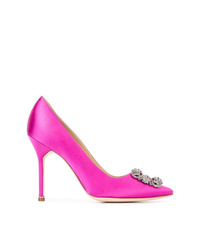 Ярко-розовые сатиновые туфли с украшением от Manolo Blahnik