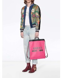 Женский ярко-розовый кожаный рюкзак с принтом от Gucci