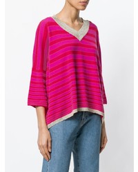 Женский ярко-розовый свитер с v-образным вырезом в горизонтальную полоску от Giada Benincasa