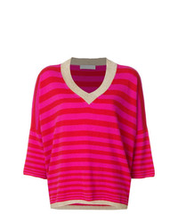 Женский ярко-розовый свитер с v-образным вырезом в горизонтальную полоску от Giada Benincasa