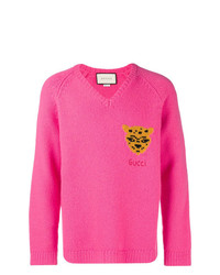 Мужской ярко-розовый свитер с v-образным вырезом с принтом от Gucci
