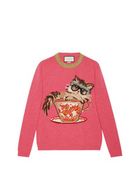 Женский ярко-розовый свитер с круглым вырезом с принтом от Gucci